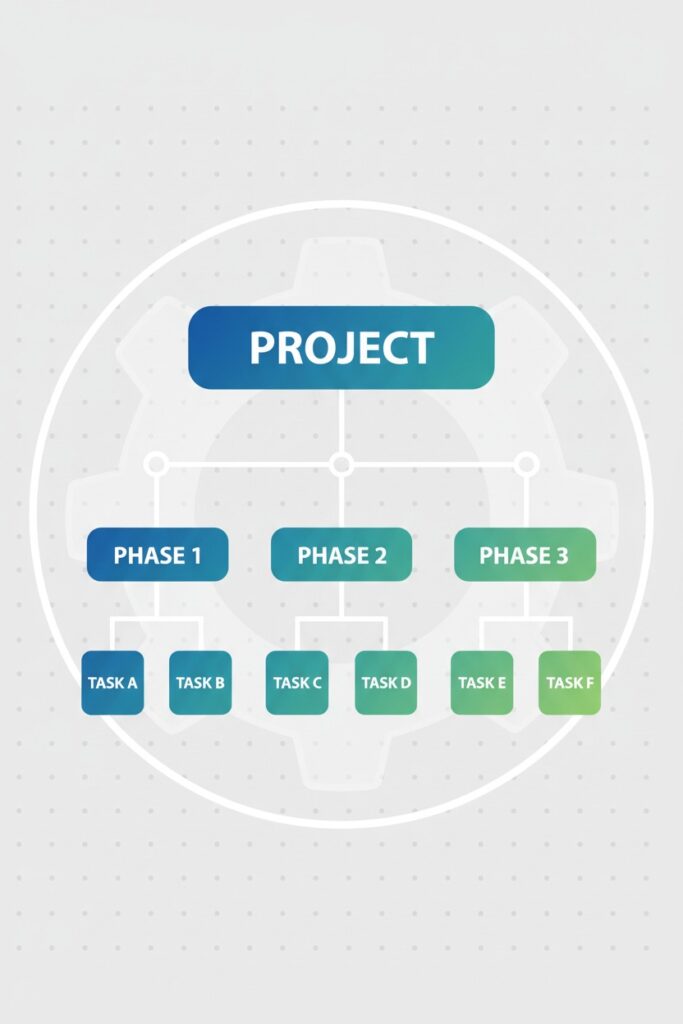 A hierarchical diagram outlines a project divided into three phases, each branching into two specific tasks.